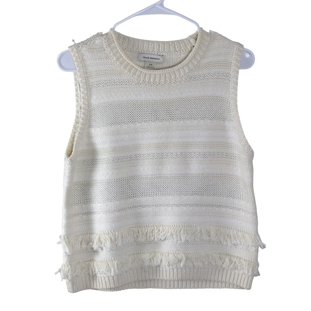 Club Monaco Womens Ivory Striped Fringe Knit Sweater Vest Large Sleeveless Cream